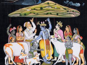 Kṛṣṇa levanta la colina de Govardhana.